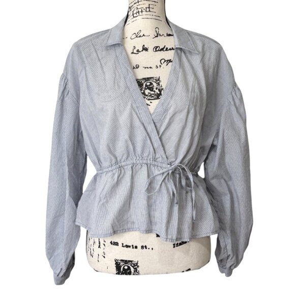 Pilcro Tops - Pilcro Anthropologie Womens Size M Top Faux-Wrap Striped Cotton Blue Long Sleeve